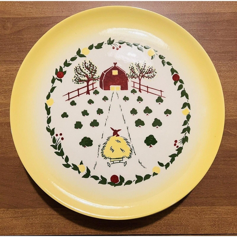 Vintage Brock of California Yellow Farmhouse Rooster Barn Dinner Plates 11" -Six